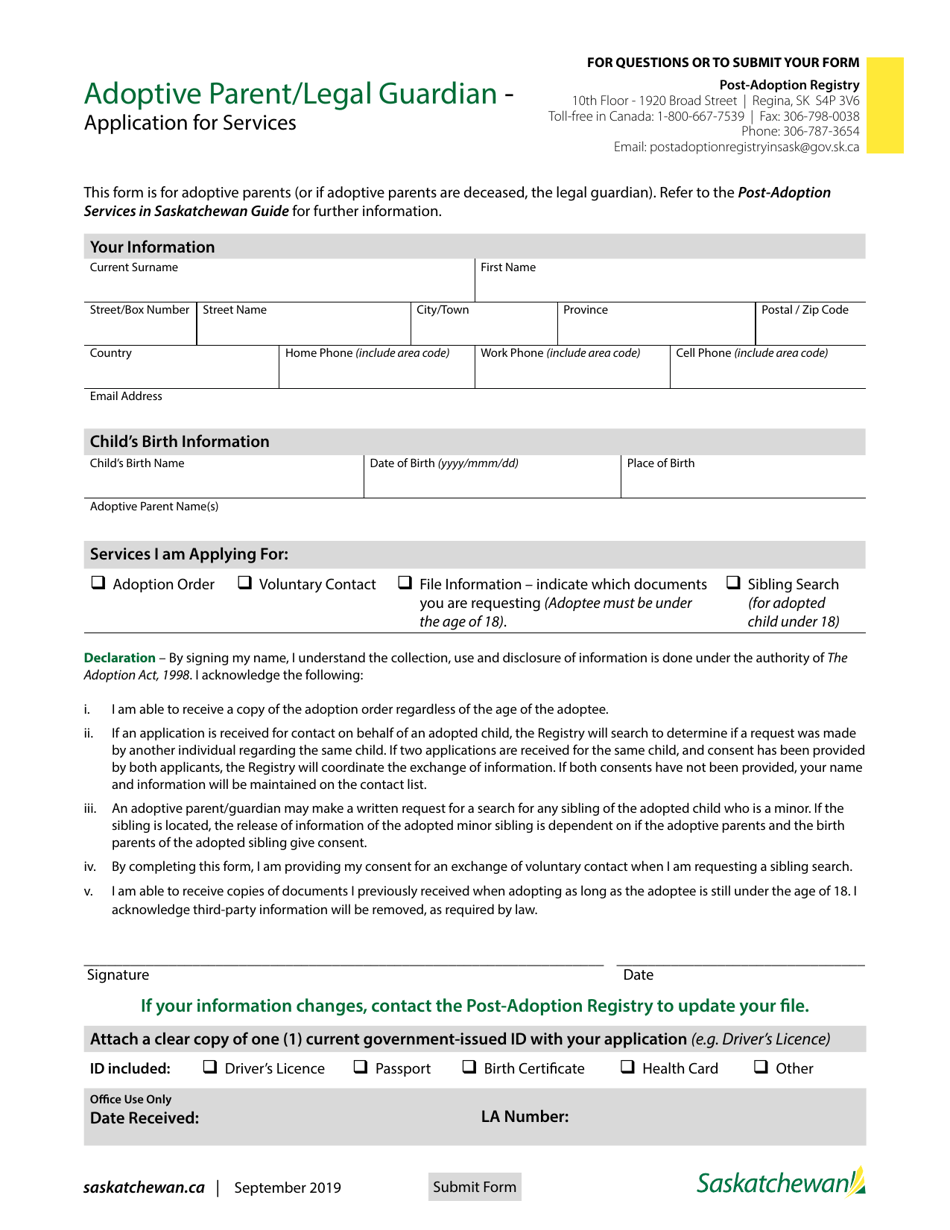 Adoptive Parent / Legal Guardian - Application for Services - Saskatchewan, Canada, Page 1