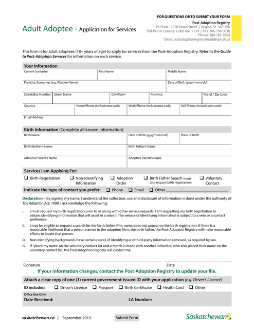 Application for Services - Adult Adoptee - Saskatchewan, Canada Download Pdf