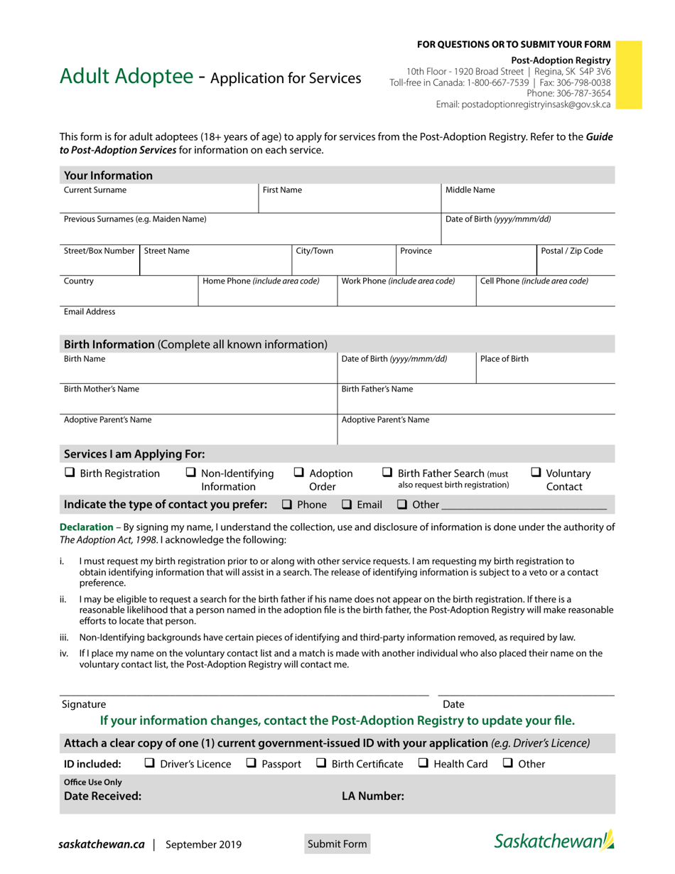 Application for Services - Adult Adoptee - Saskatchewan, Canada, Page 1