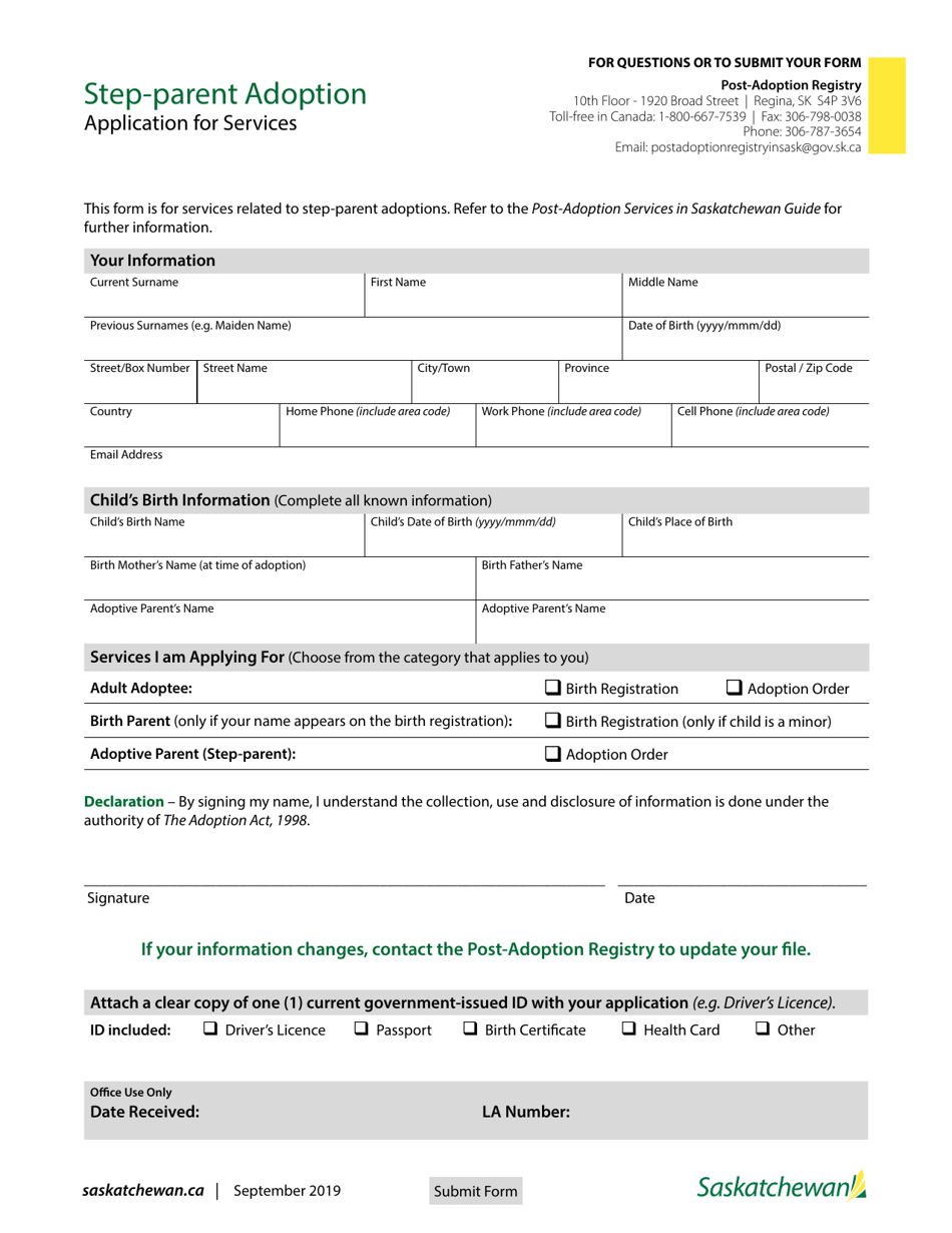 Application for Services - Stepparent Adoption - Saskatchewan, Canada, Page 1