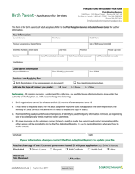 Document preview: Application for Services - Birth Parent of an Adoptee - Saskatchewan, Canada