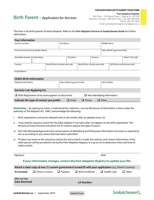 Application for Services - Birth Parent of an Adoptee - Saskatchewan, Canada Download Pdf