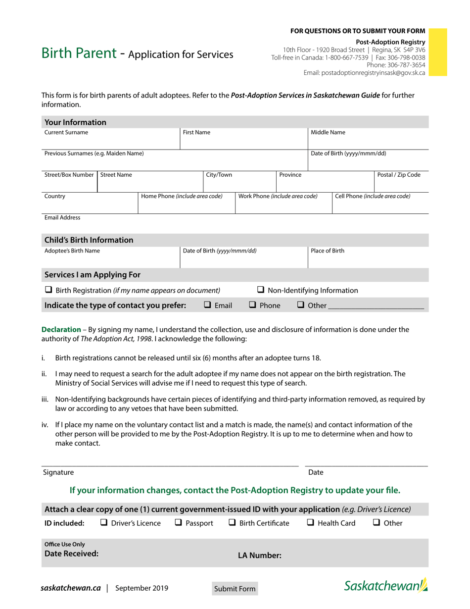 Saskatchewan Canada Application for Services - Birth Parent of an ...