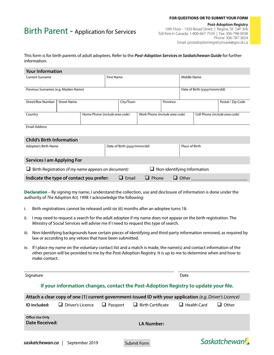 Application for Services - Birth Parent of an Adoptee - Saskatchewan, Canada, Page 1