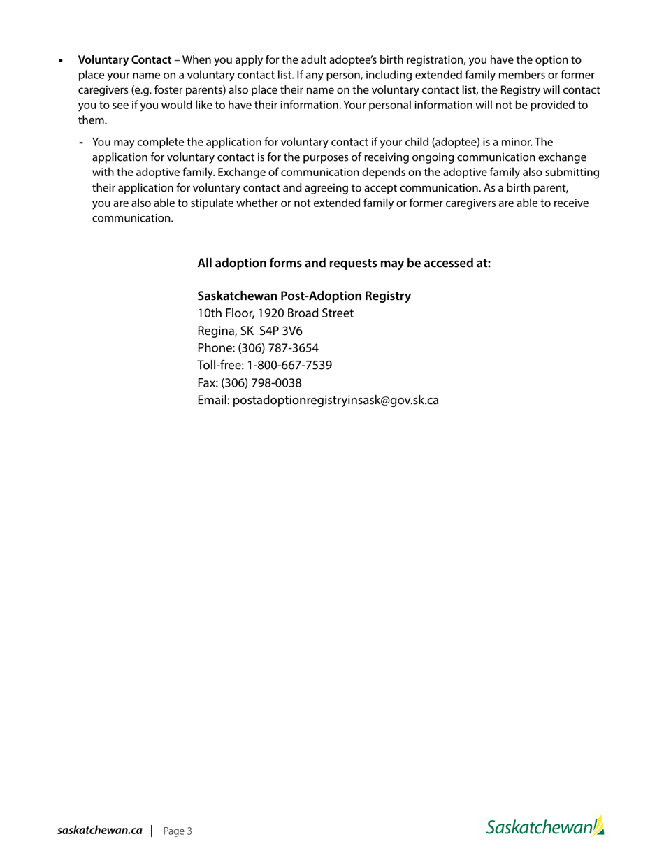 Application for Services - Birth Parent of an Adoptee - Saskatchewan, Canada, Page 3