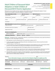 Document preview: Application for Services - Adult Child of a Deceased Adult Adoptee or Deceased Birth Parent - Saskatchewan, Canada