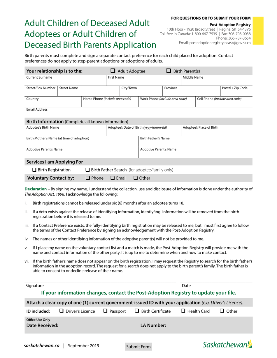 Application for Services - Adult Child of a Deceased Adult Adoptee or Deceased Birth Parent - Saskatchewan, Canada, Page 1
