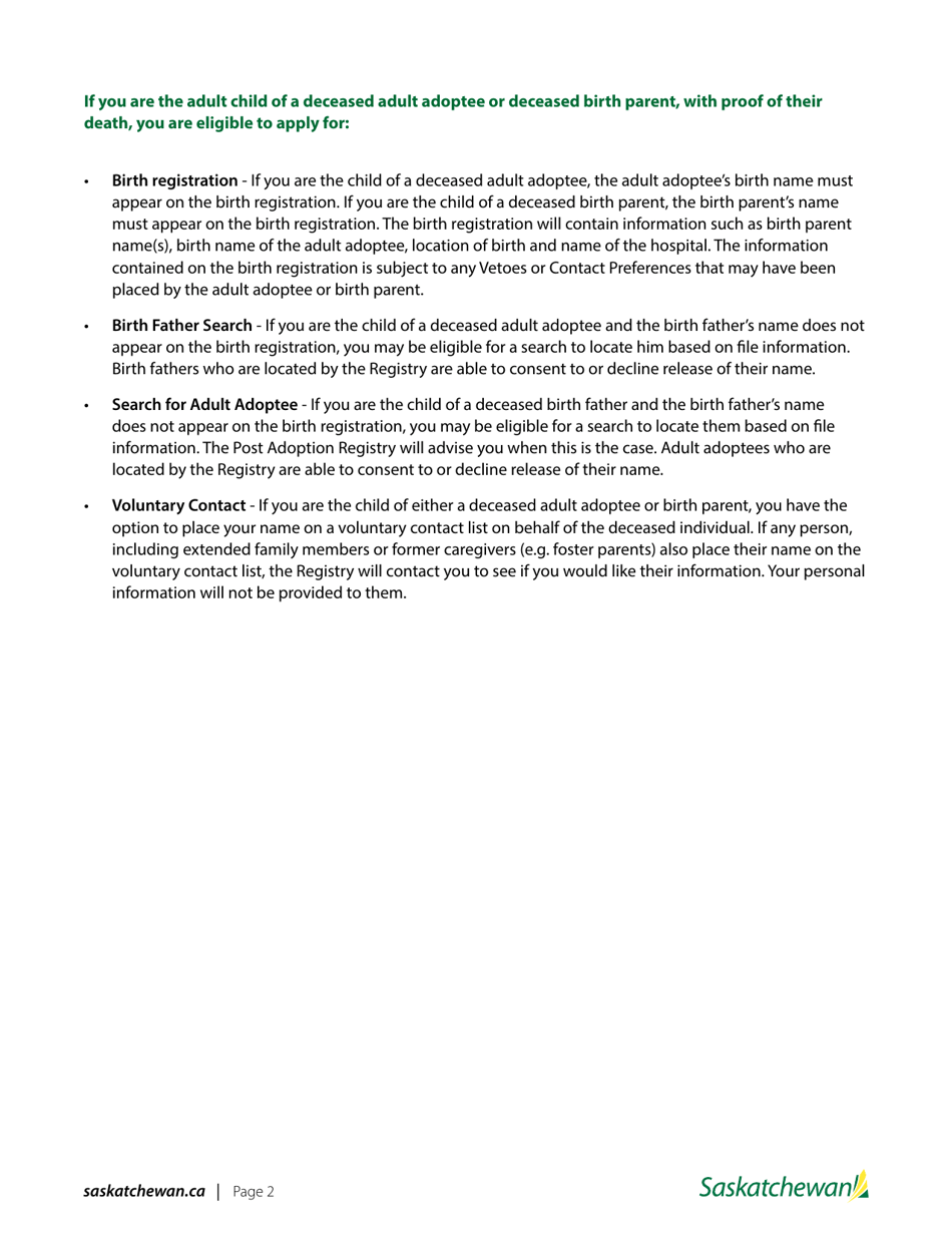Application for Services - Adult Child of a Deceased Adult Adoptee or Deceased Birth Parent - Saskatchewan, Canada, Page 2