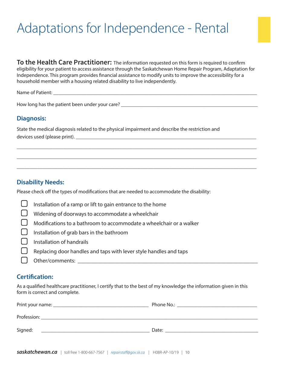 Form H08R-FS Saskatchewan Home Repair Program - Adaptation for Independence - Rental - Saskatchewan, Canada, Page 10