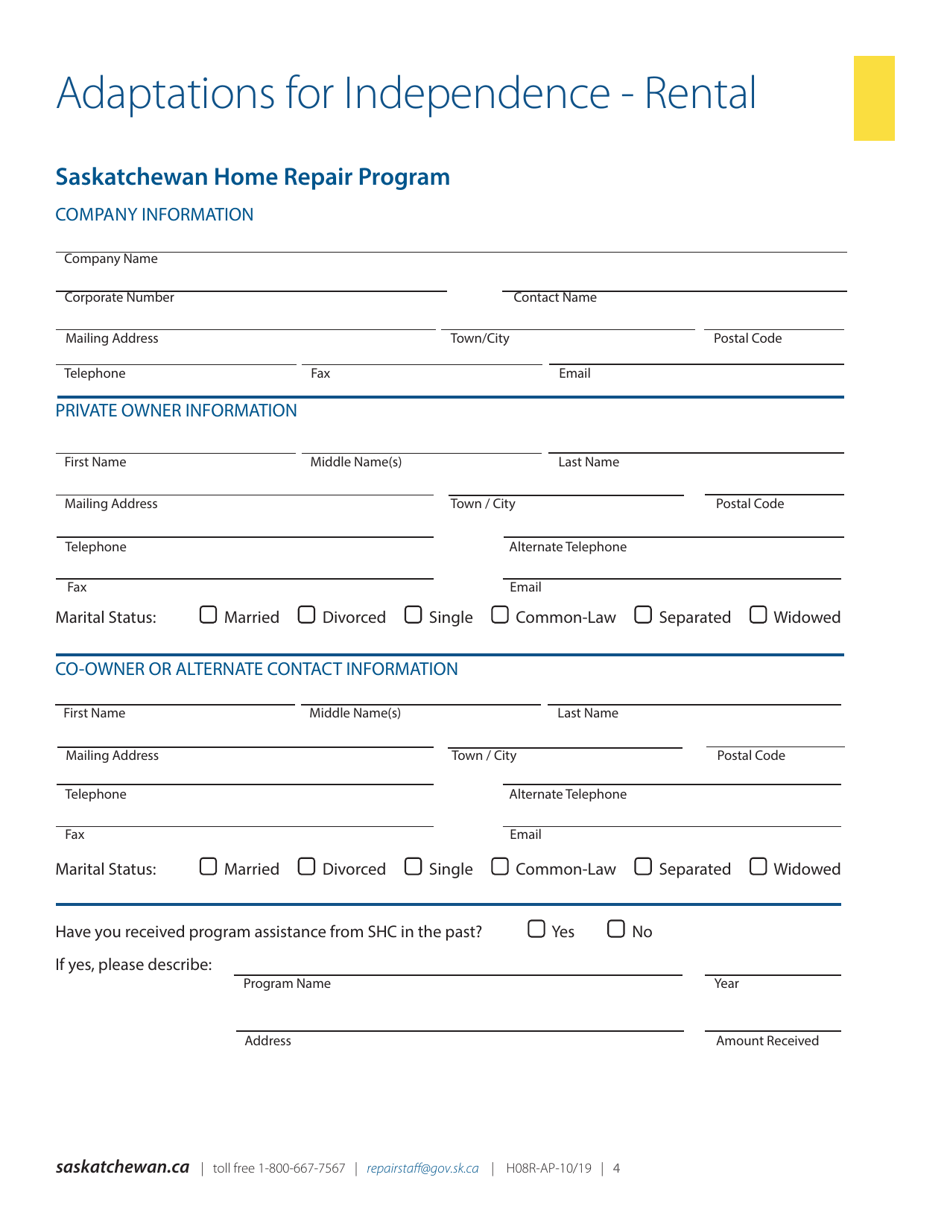 Form H08R-FS Saskatchewan Home Repair Program - Adaptation for Independence - Rental - Saskatchewan, Canada, Page 4