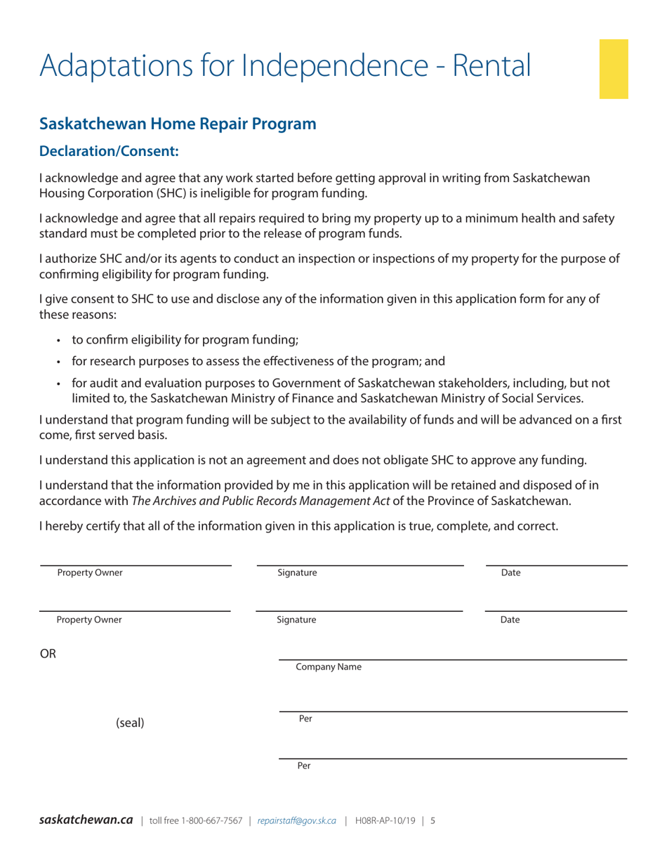 Form H08R-FS Saskatchewan Home Repair Program - Adaptation for Independence - Rental - Saskatchewan, Canada, Page 5