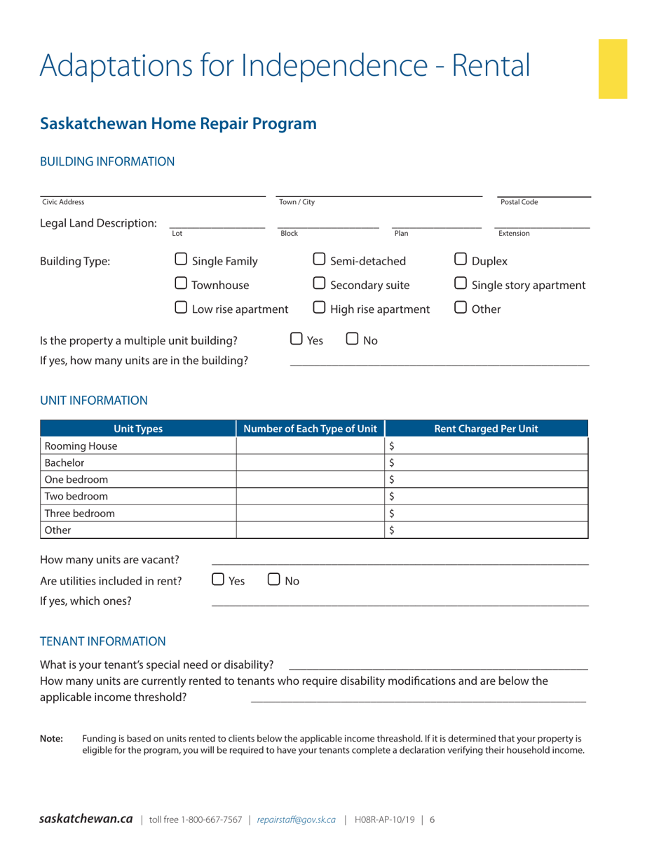 Form H08RFS Download Fillable PDF or Fill Online Saskatchewan Home