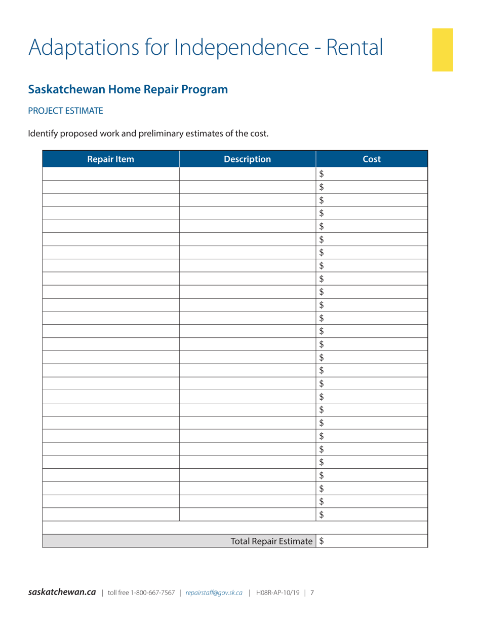 Form H08R-FS Saskatchewan Home Repair Program - Adaptation for Independence - Rental - Saskatchewan, Canada, Page 7