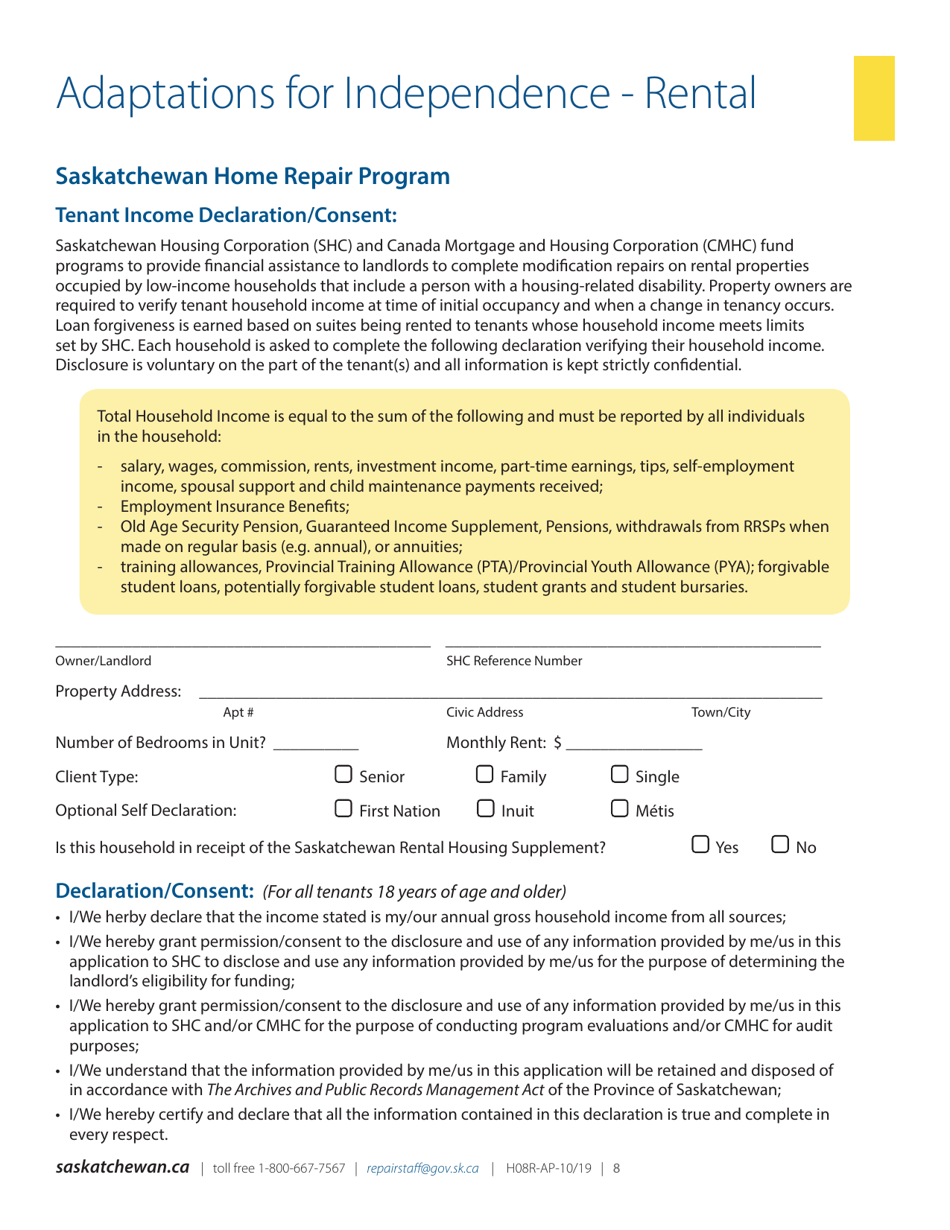 Form H08RFS Download Fillable PDF or Fill Online Saskatchewan Home