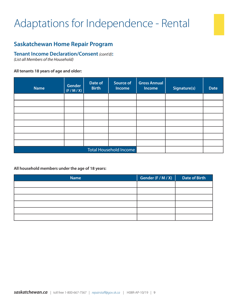 Form H08R-FS Saskatchewan Home Repair Program - Adaptation for Independence - Rental - Saskatchewan, Canada, Page 9