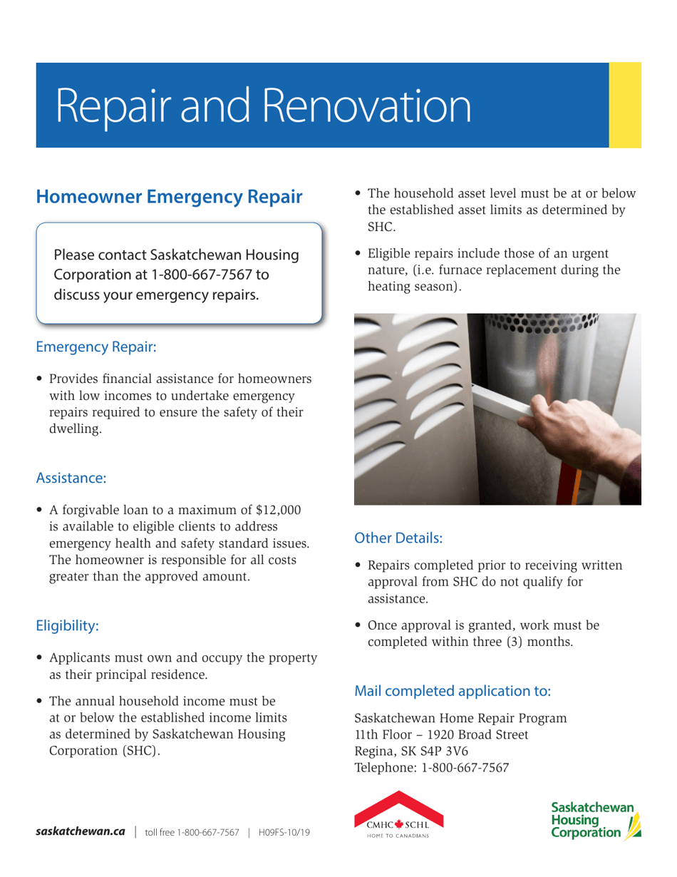 Form H09FS Saskatchewan Home Repair Program  Emergency Repair Application Form - Saskatchewan, Canada, Page 1
