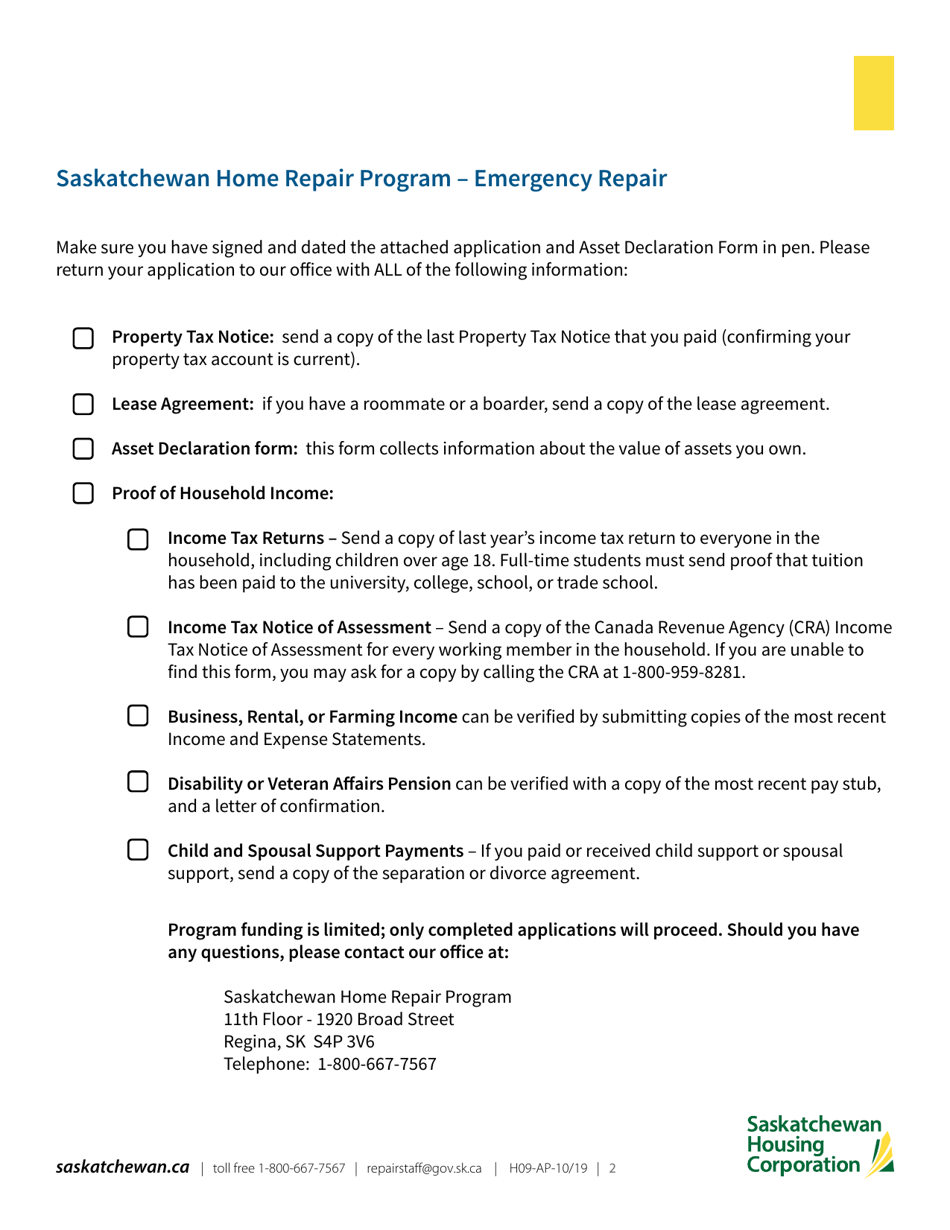 Form H09FS Saskatchewan Home Repair Program  Emergency Repair Application Form - Saskatchewan, Canada, Page 2