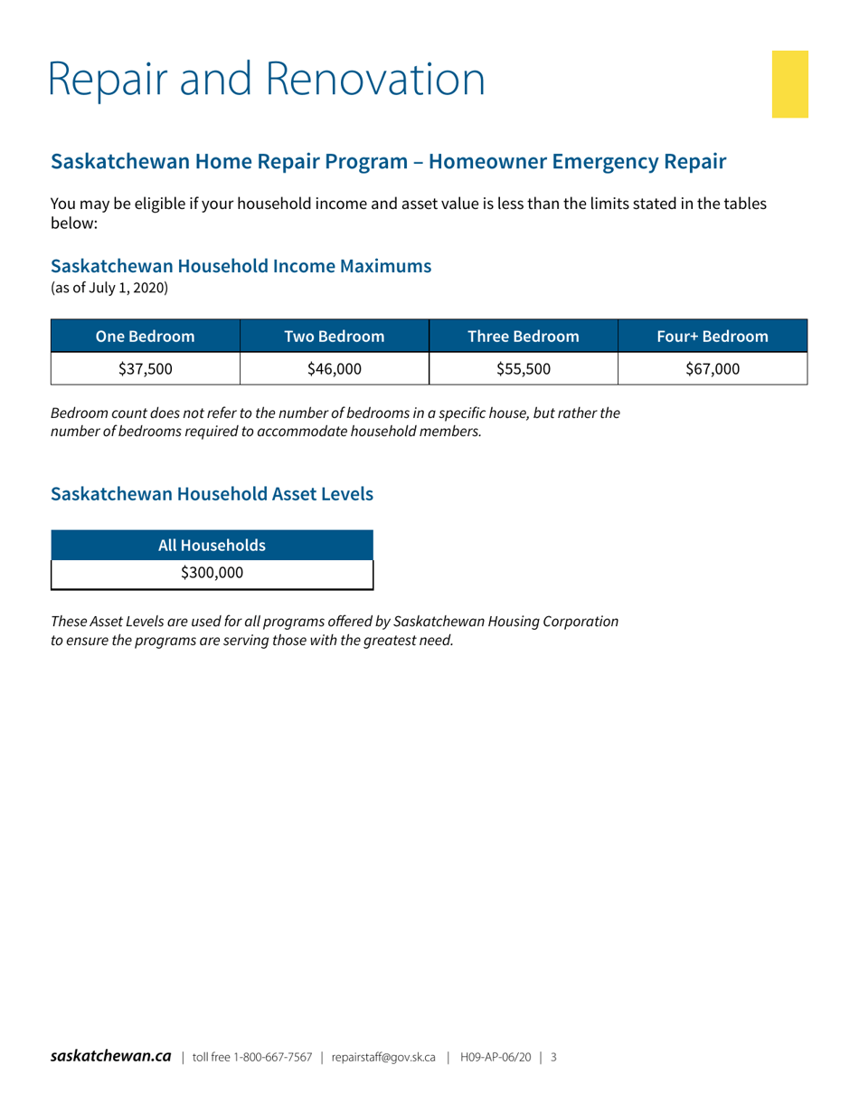 Form H09FS Saskatchewan Home Repair Program  Emergency Repair Application Form - Saskatchewan, Canada, Page 3