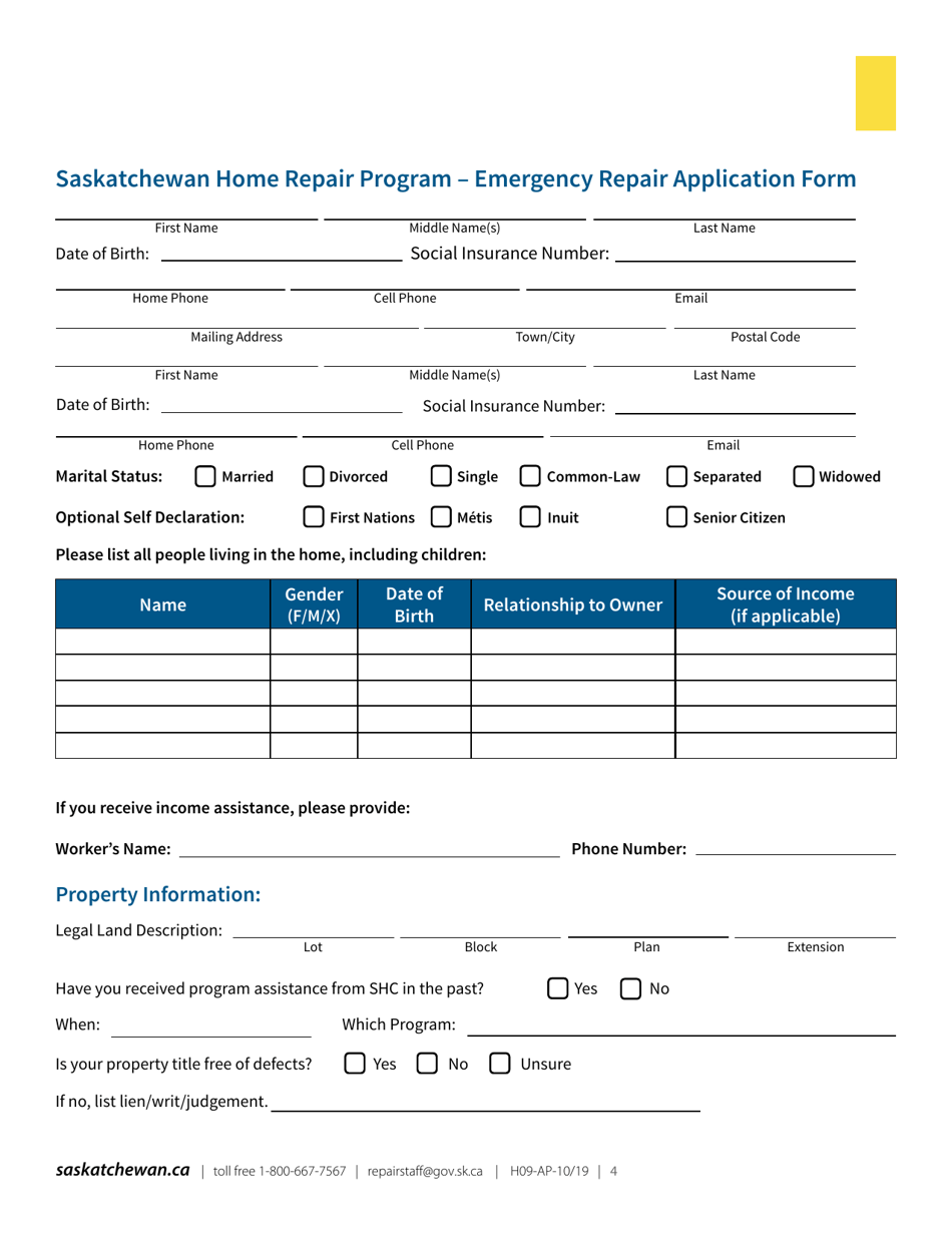 Form H09FS Saskatchewan Home Repair Program  Emergency Repair Application Form - Saskatchewan, Canada, Page 4