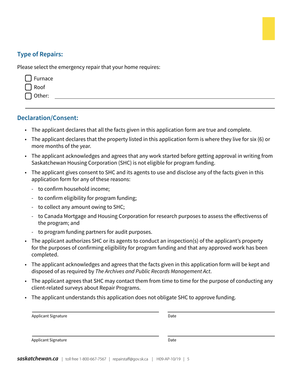 Form H09FS Saskatchewan Home Repair Program  Emergency Repair Application Form - Saskatchewan, Canada, Page 5
