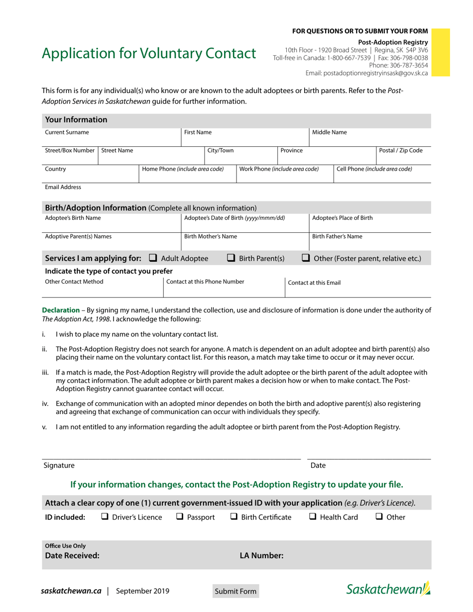 Application for Voluntary Contact - Saskatchewan, Canada, Page 1