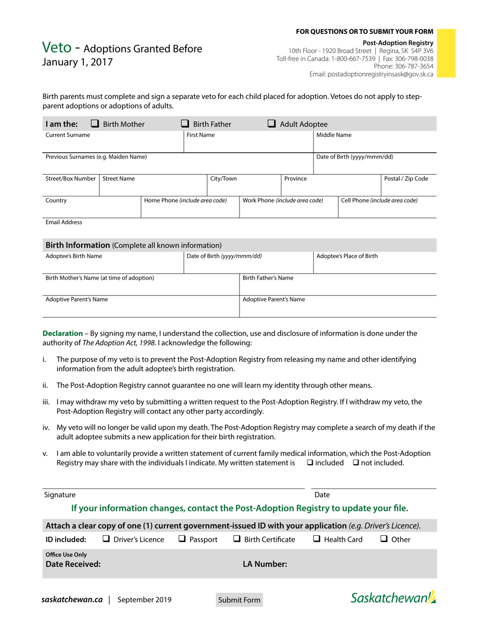 Veto - Adoptions Granted Before January 1, 2017 - Saskatchewan, Canada, Page 1
