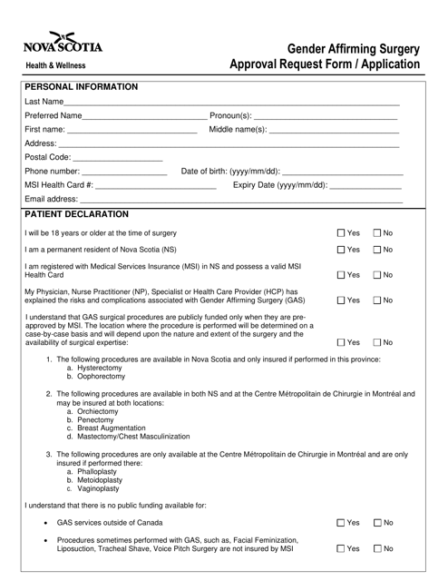 Gender Affirming Surgery Health & Wellness Approval Request Form / Application - Nova Scotia, Canada Download Pdf