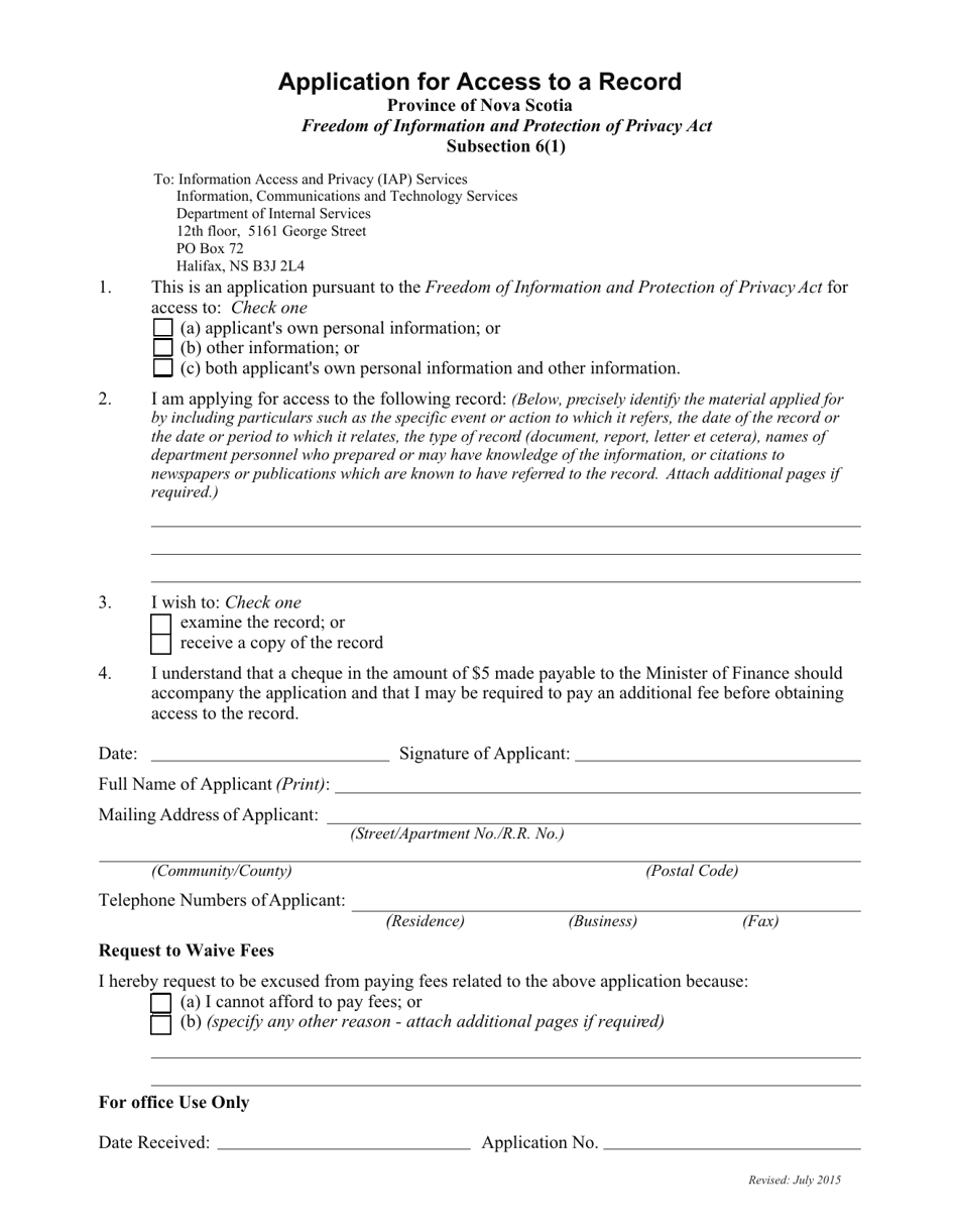 Form 1 Application for Access to a Record - Nova Scotia, Canada, Page 1