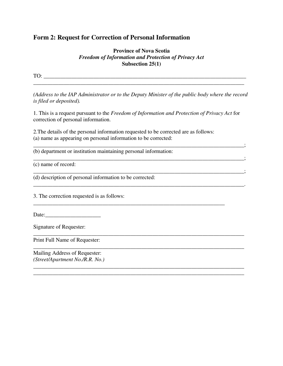 Form 2 Request for Correction of Personal Information - Nova Scotia, Canada, Page 1