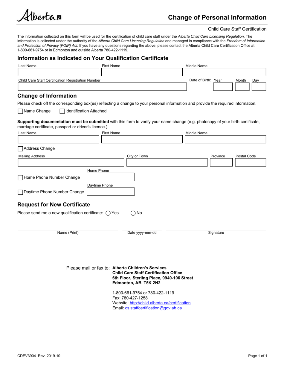 Form CDEV3904 Change of Personal Information - Alberta, Canada, Page 1