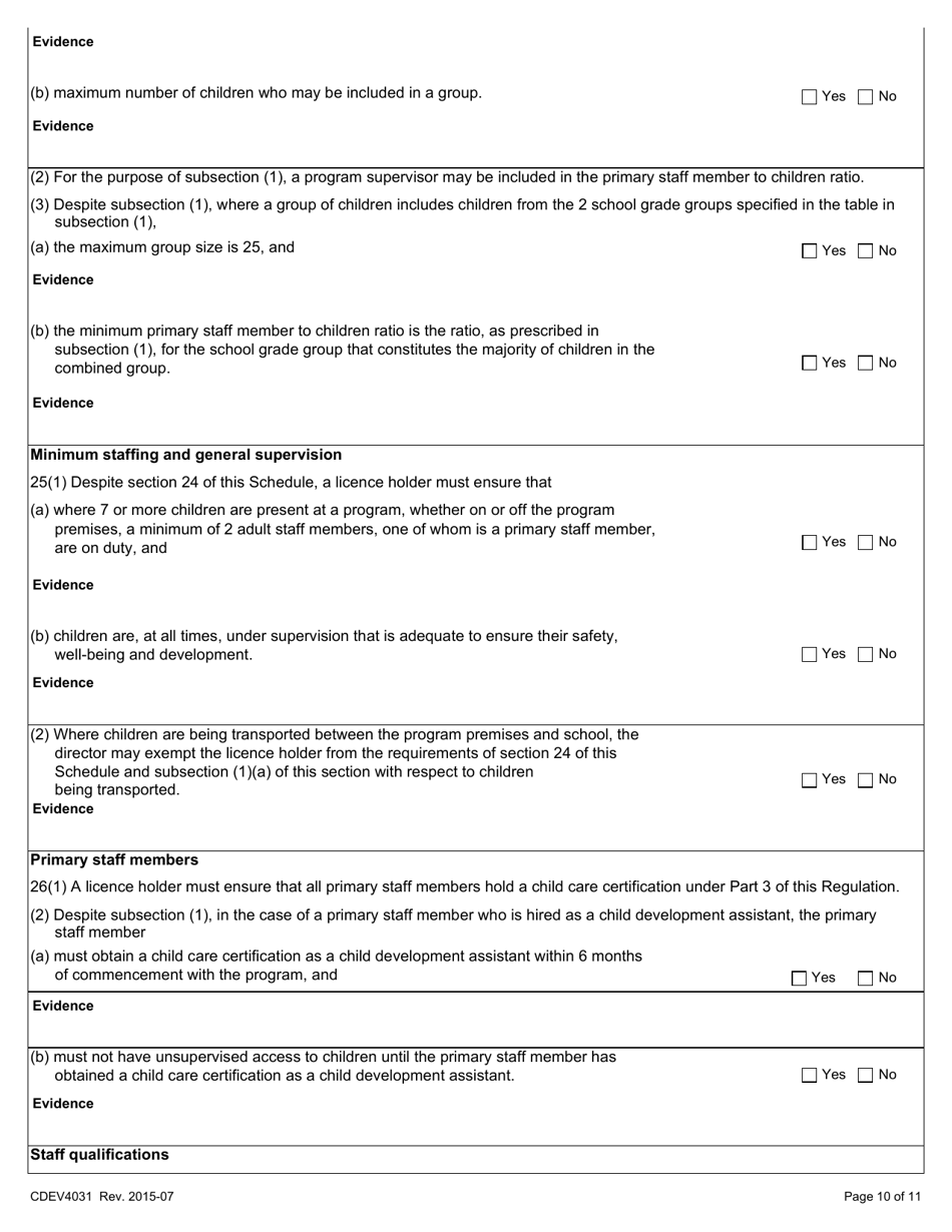 Form CDEV4031 Out-Of-School Child Care Inspection Report (Schedule 4 of the Child Care Licensing Regulation) - Alberta, Canada, Page 10