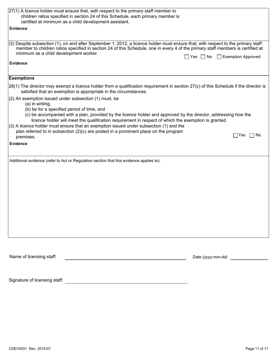 Form CDEV4031 Out-Of-School Child Care Inspection Report (Schedule 4 of the Child Care Licensing Regulation) - Alberta, Canada, Page 11