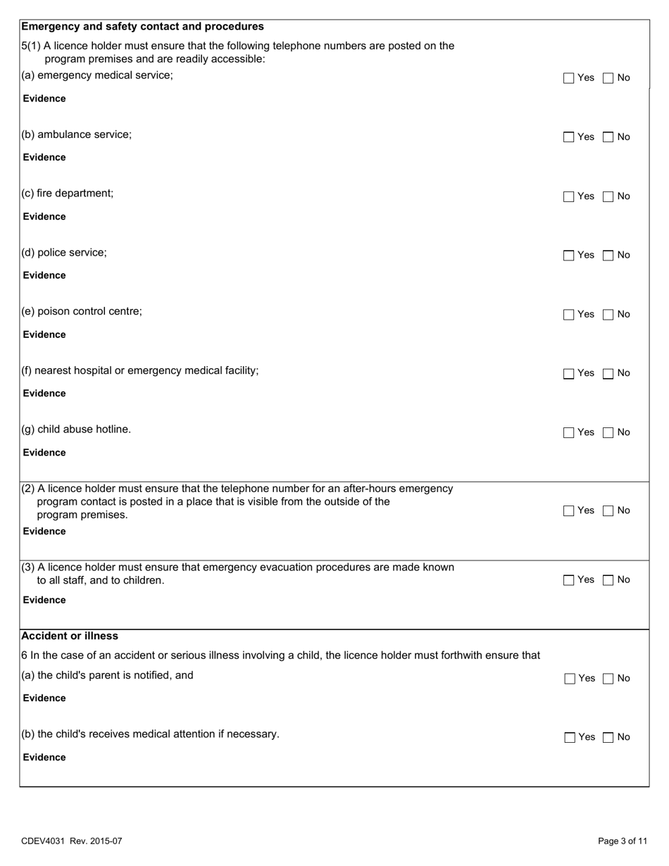 Form CDEV4031 Out-Of-School Child Care Inspection Report (Schedule 4 of the Child Care Licensing Regulation) - Alberta, Canada, Page 3