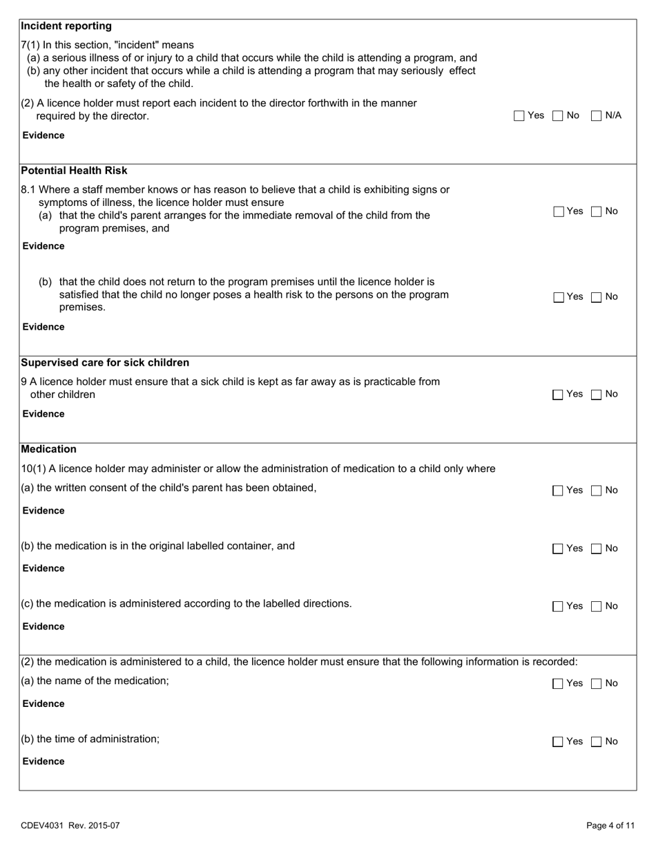 Form CDEV4031 Out-Of-School Child Care Inspection Report (Schedule 4 of the Child Care Licensing Regulation) - Alberta, Canada, Page 4