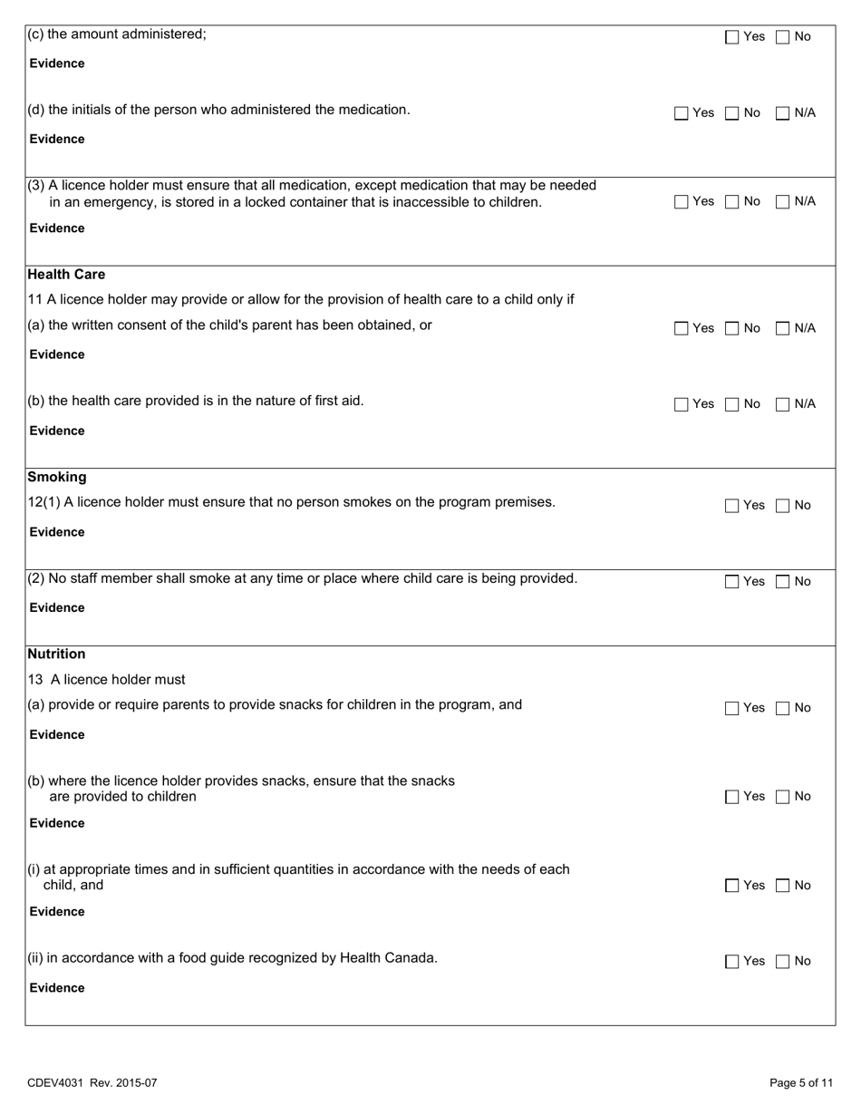 Form CDEV4031 Out-Of-School Child Care Inspection Report (Schedule 4 of the Child Care Licensing Regulation) - Alberta, Canada, Page 5