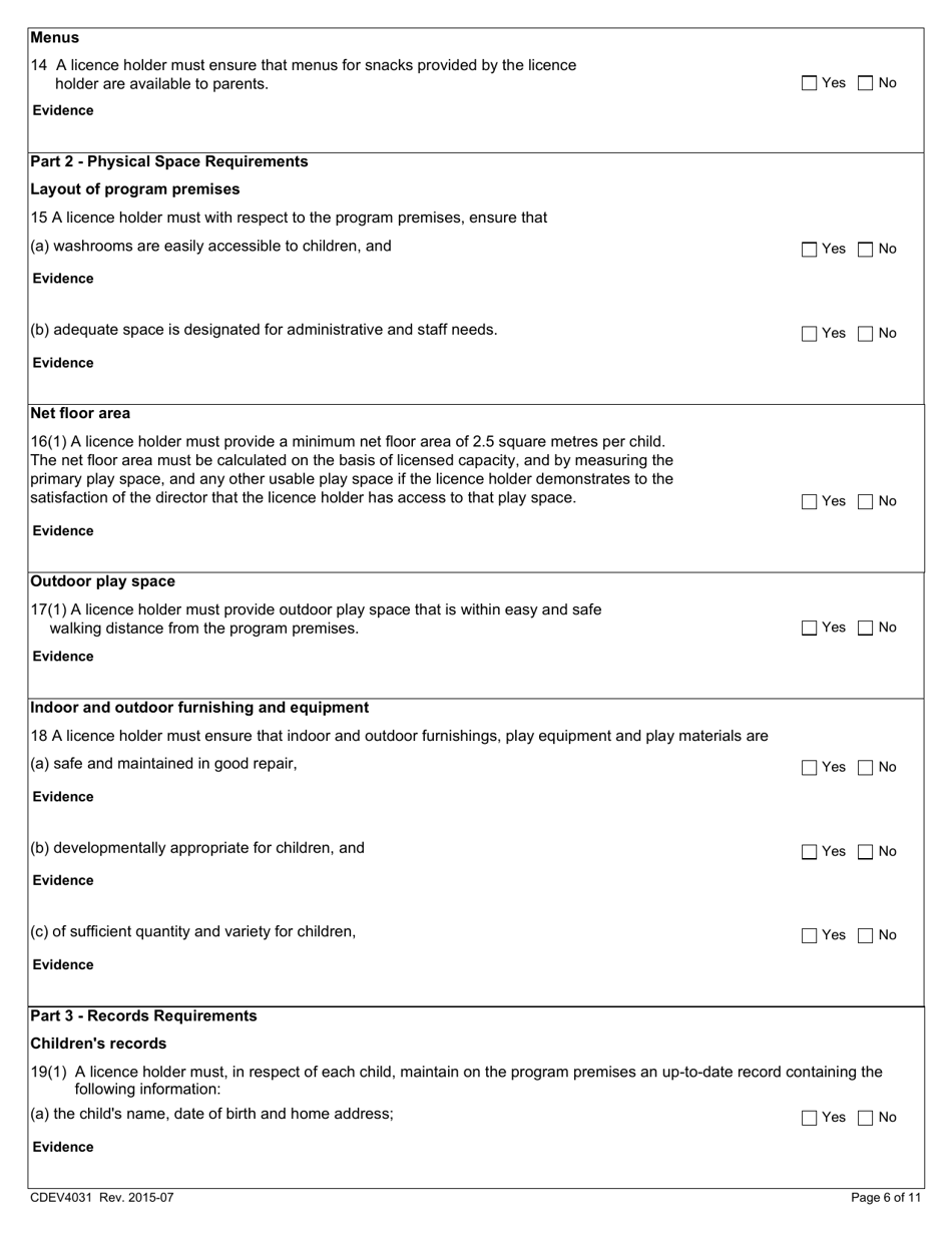Form CDEV4031 Out-Of-School Child Care Inspection Report (Schedule 4 of the Child Care Licensing Regulation) - Alberta, Canada, Page 6