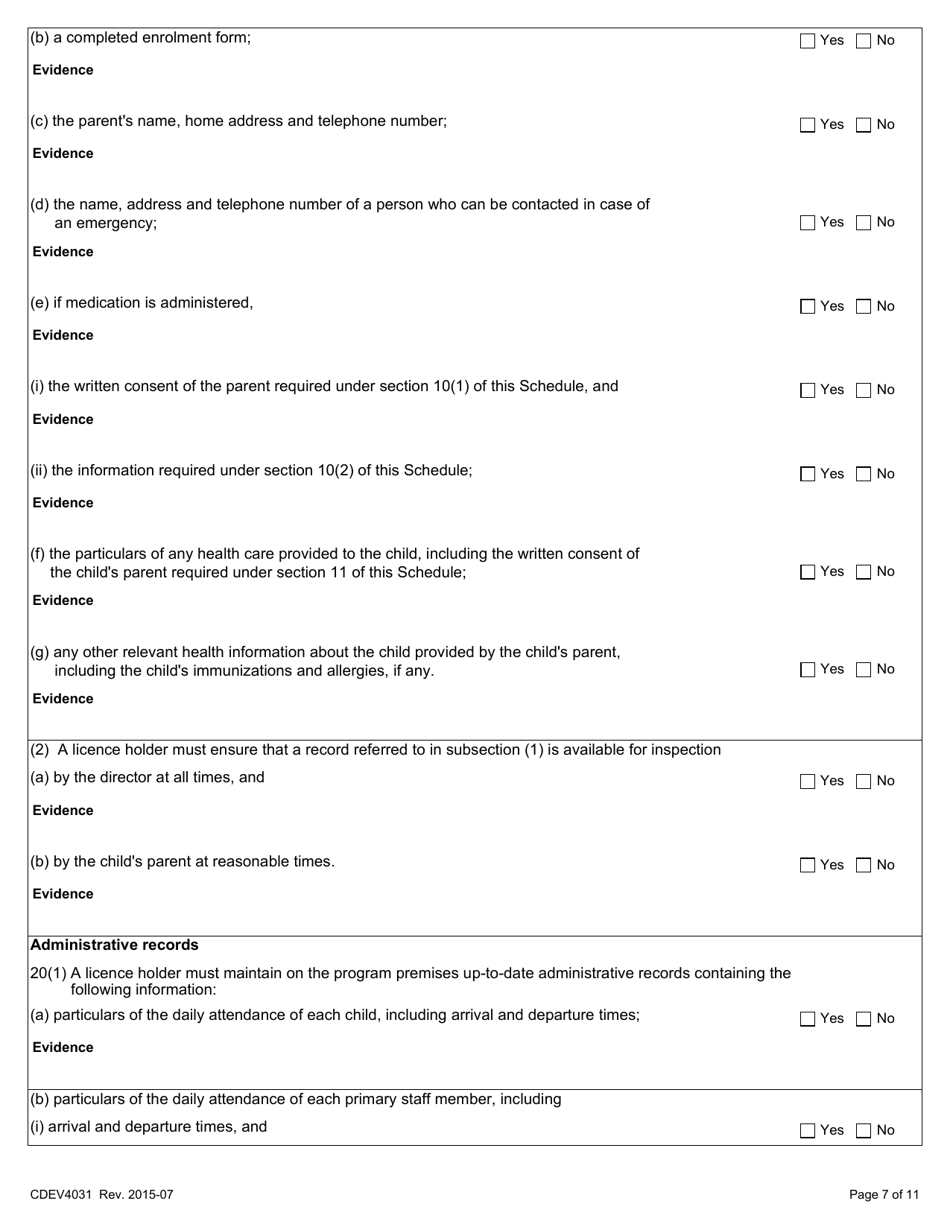 Form CDEV4031 Out-Of-School Child Care Inspection Report (Schedule 4 of the Child Care Licensing Regulation) - Alberta, Canada, Page 7