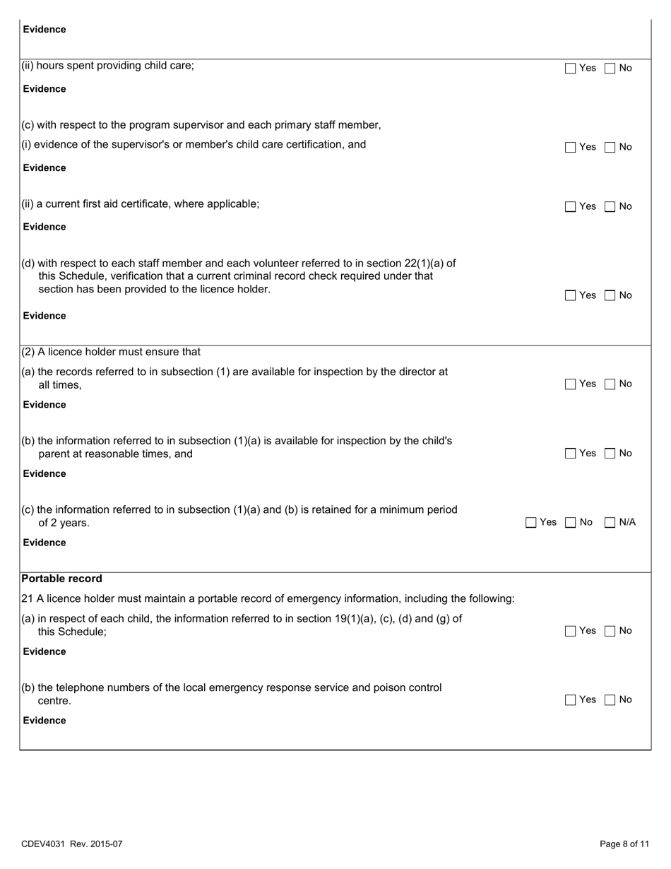 Form CDEV4031 Out-Of-School Child Care Inspection Report (Schedule 4 of the Child Care Licensing Regulation) - Alberta, Canada, Page 8