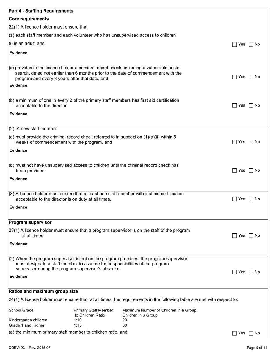 Form CDEV4031 Out-Of-School Child Care Inspection Report (Schedule 4 of the Child Care Licensing Regulation) - Alberta, Canada, Page 9