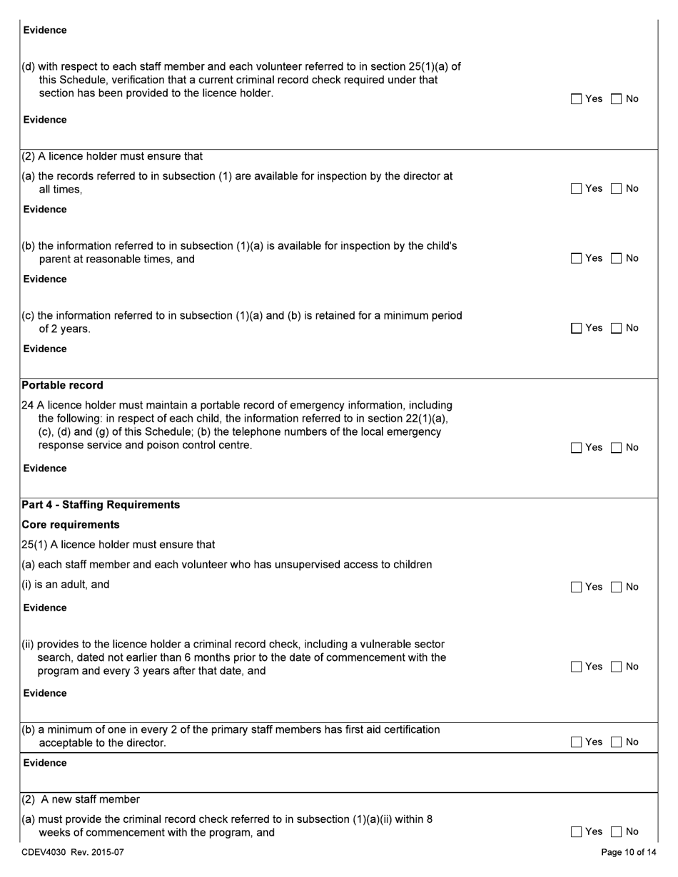 Form CDEV4030 Day Care Inspection Report (Schedule 1 of the Child Care Licensing Regulation) - Alberta, Canada, Page 10