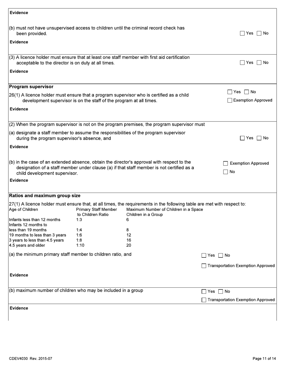 Form CDEV4030 Day Care Inspection Report (Schedule 1 of the Child Care Licensing Regulation) - Alberta, Canada, Page 11