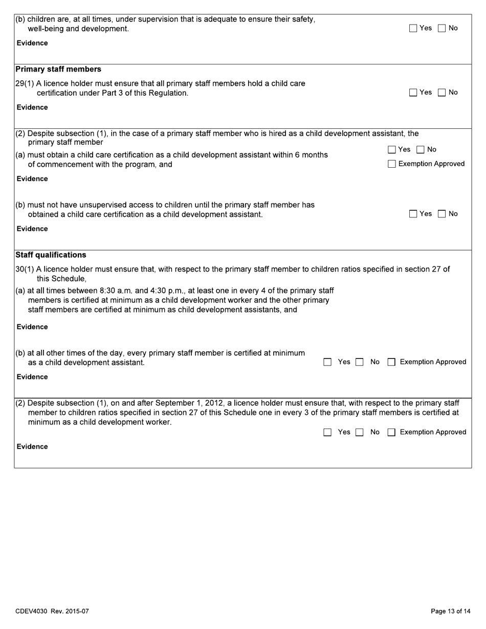 Form CDEV4030 Day Care Inspection Report (Schedule 1 of the Child Care Licensing Regulation) - Alberta, Canada, Page 13