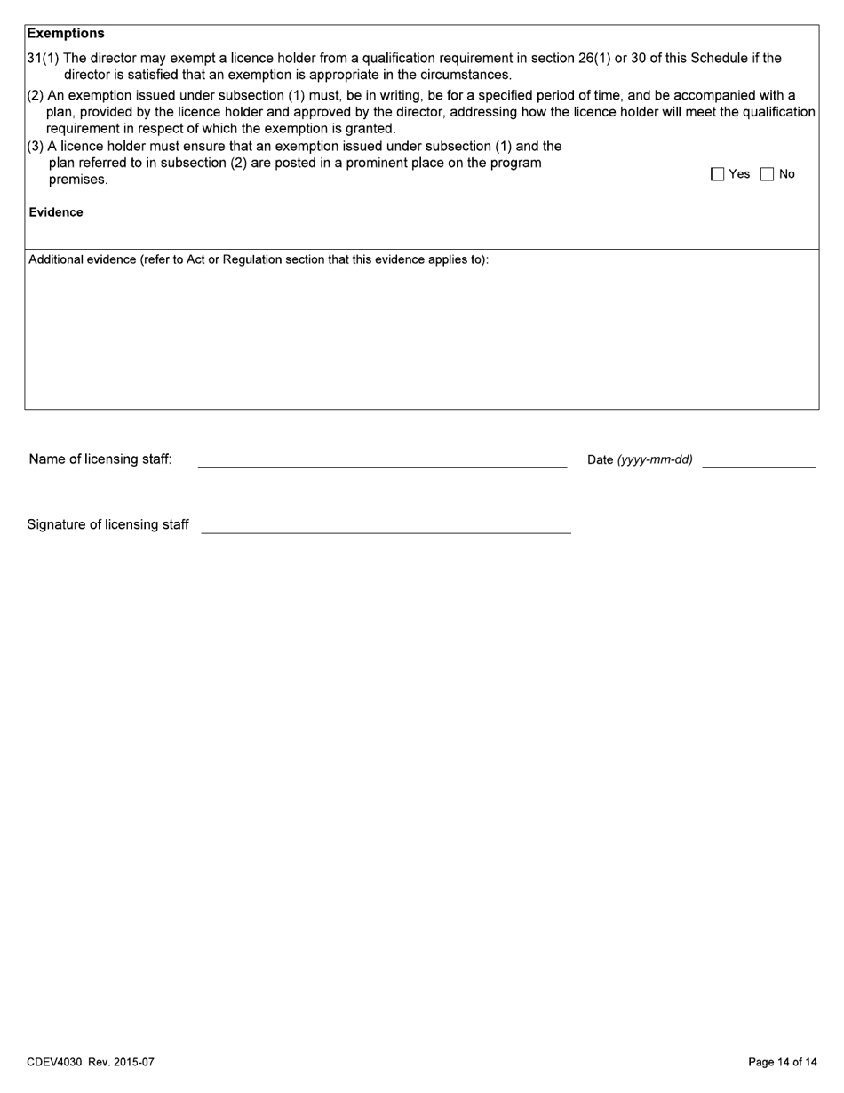 Form CDEV4030 Day Care Inspection Report (Schedule 1 of the Child Care Licensing Regulation) - Alberta, Canada, Page 14