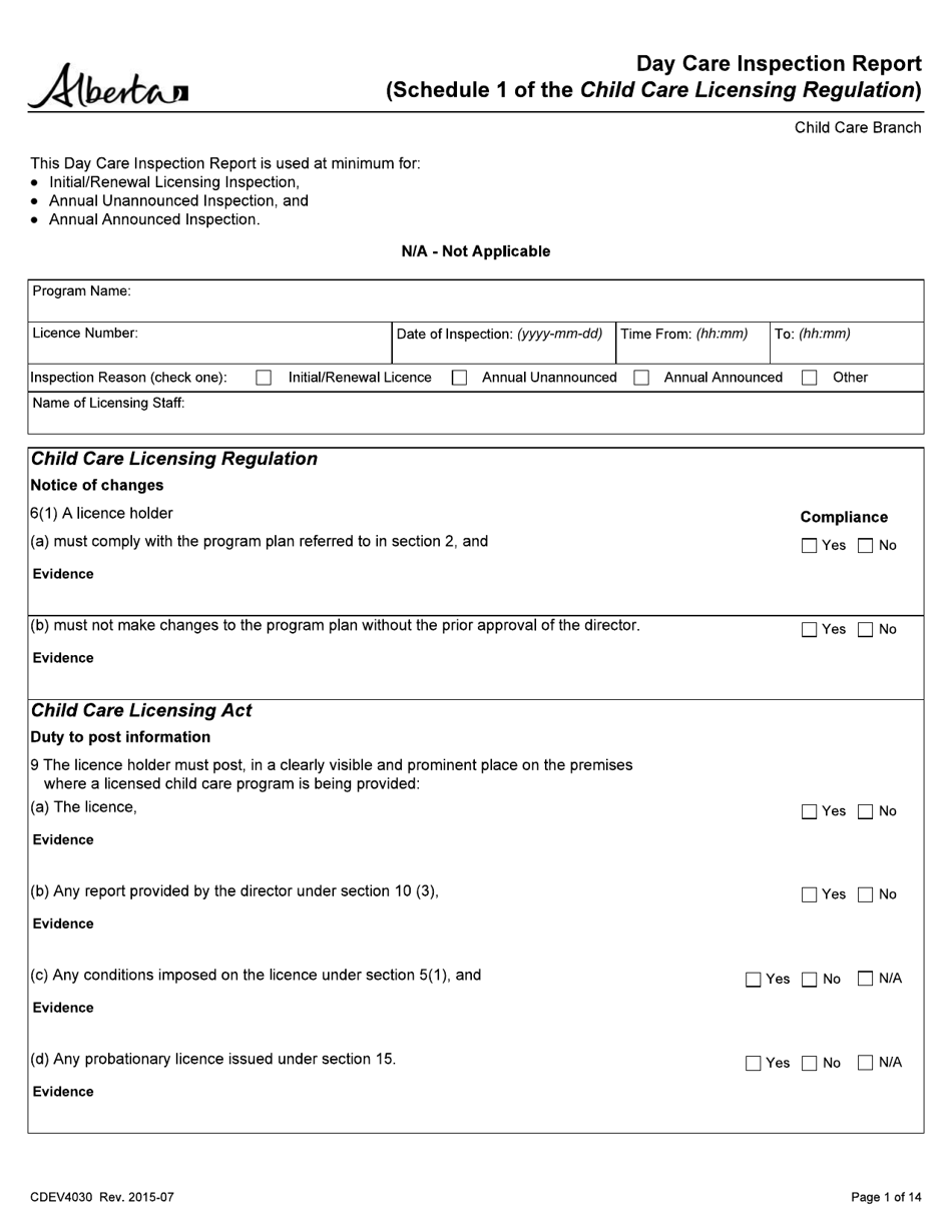 Form CDEV4030 Day Care Inspection Report (Schedule 1 of the Child Care Licensing Regulation) - Alberta, Canada, Page 1