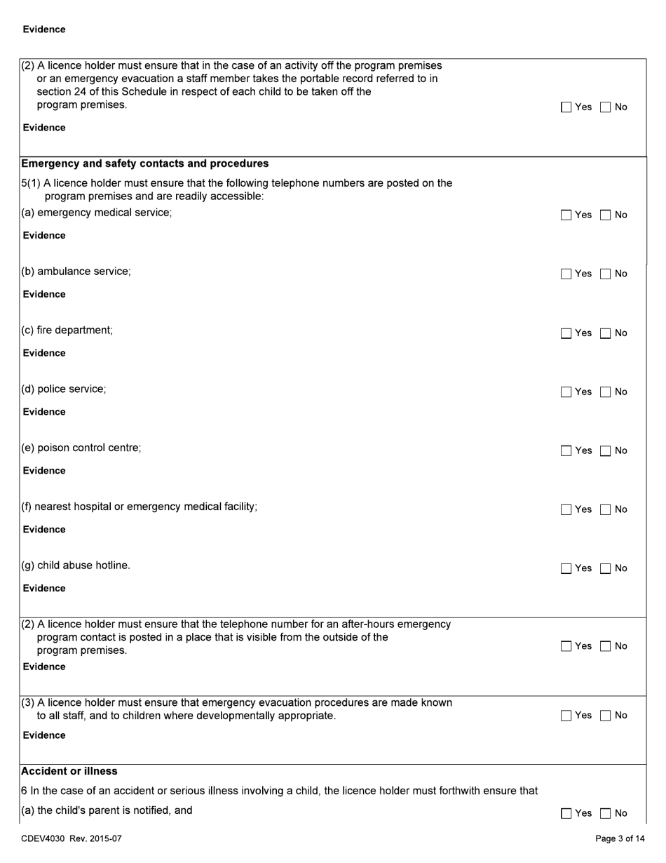 Form CDEV4030 Day Care Inspection Report (Schedule 1 of the Child Care Licensing Regulation) - Alberta, Canada, Page 3