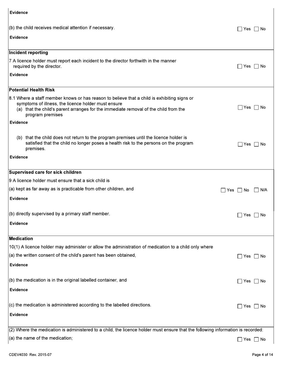Form CDEV4030 Day Care Inspection Report (Schedule 1 of the Child Care Licensing Regulation) - Alberta, Canada, Page 4