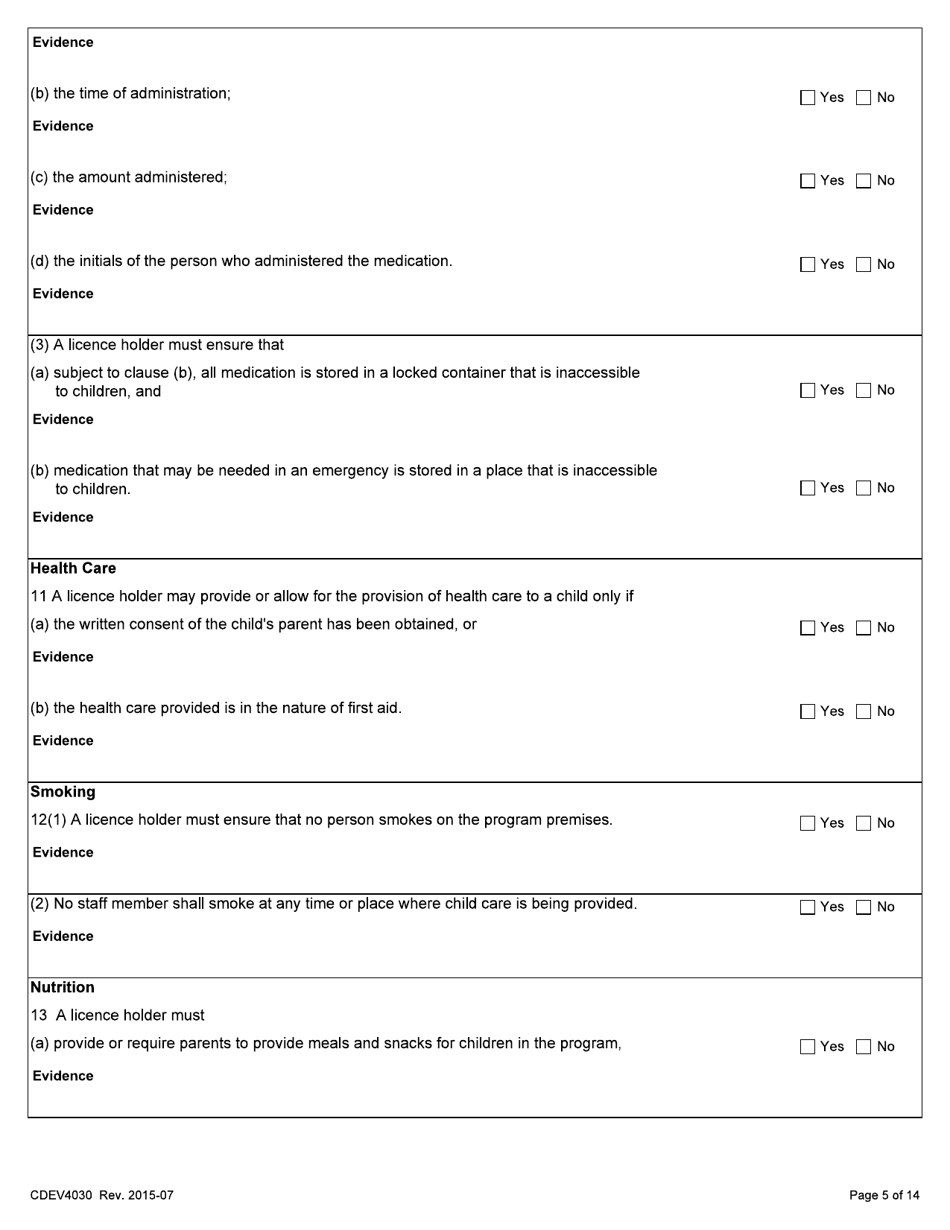 Form CDEV4030 Day Care Inspection Report (Schedule 1 of the Child Care Licensing Regulation) - Alberta, Canada, Page 5
