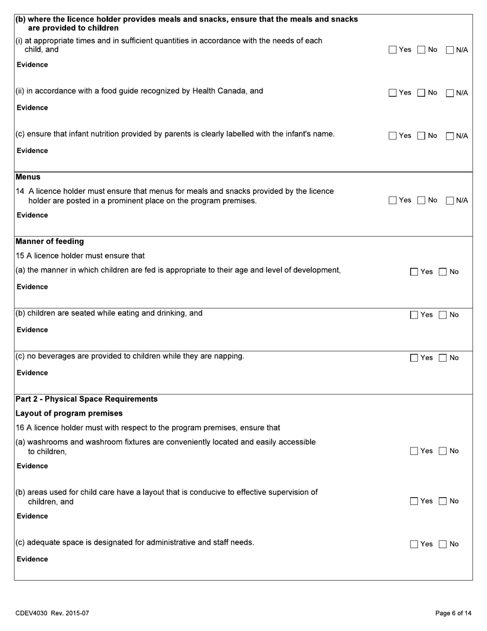 Form CDEV4030 Day Care Inspection Report (Schedule 1 of the Child Care Licensing Regulation) - Alberta, Canada, Page 6