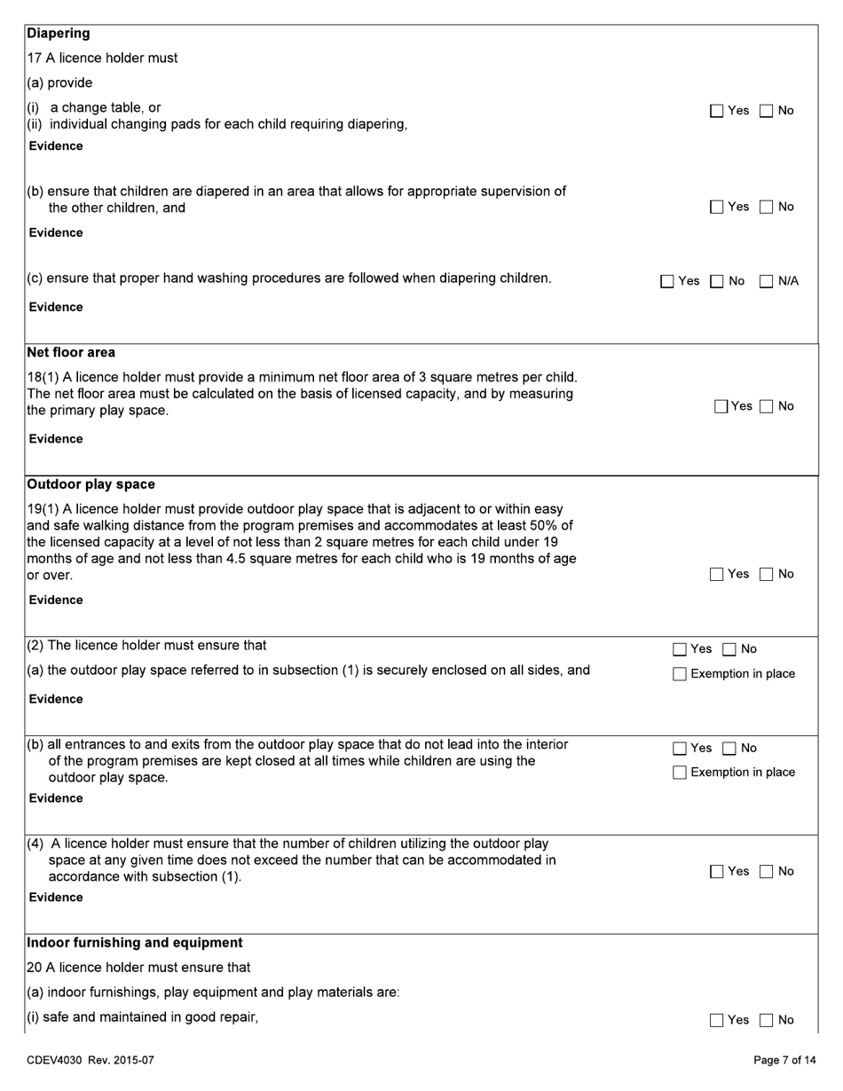 Form CDEV4030 Day Care Inspection Report (Schedule 1 of the Child Care Licensing Regulation) - Alberta, Canada, Page 7