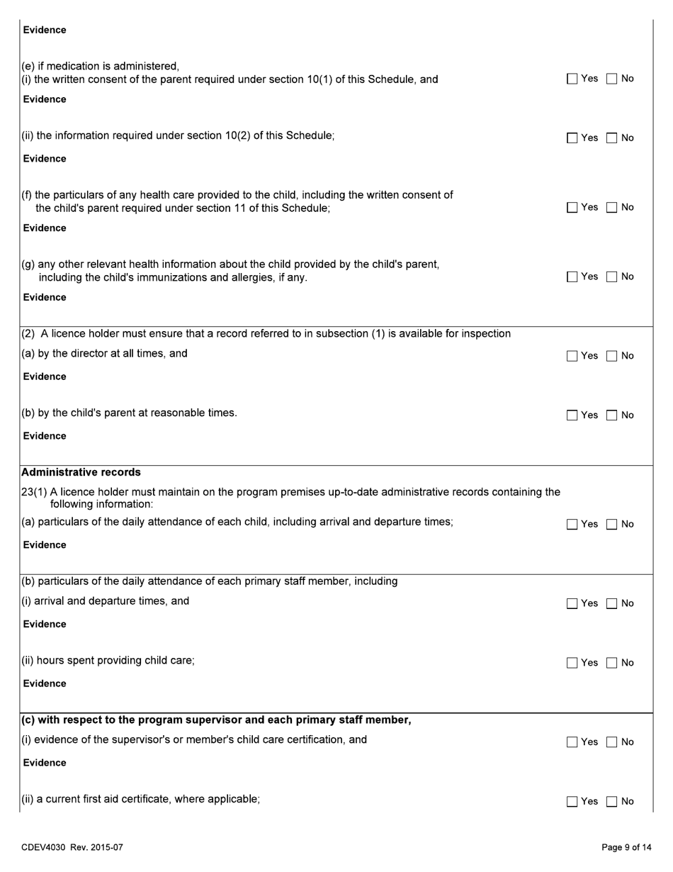Form CDEV4030 Day Care Inspection Report (Schedule 1 of the Child Care Licensing Regulation) - Alberta, Canada, Page 9
